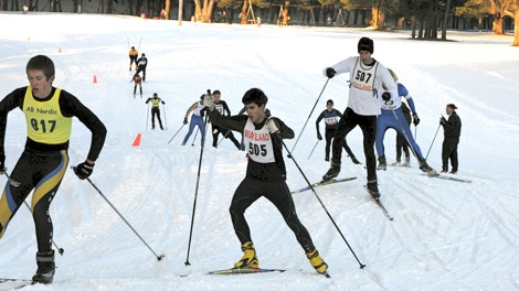 Skiers David Villari and Aaron Kano-Bower round a bend in the course during last Tuesdays Nordic race. (Credit: Chris Li) 
