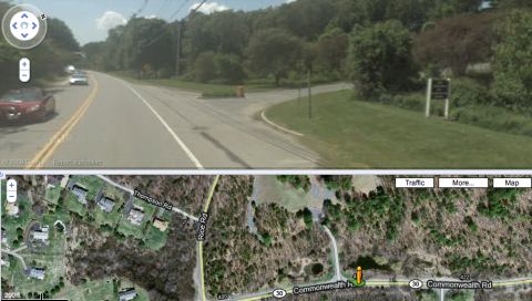 The proposed location of the Rec. Center as seen from Google StreetView and Satellite views. (Credit: Google Inc. and Mass. GIS)
