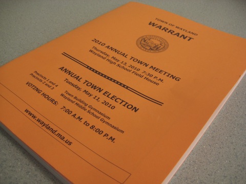 The town warrant, detailing all proposed articles, was mailed out to all town residents prior to the May 13 town meeting. (Credit: Basil Halperin / WSPN)