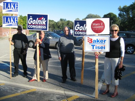 Candidate supporters outside Wayland Town Hall on election day. (Credit: Basil Halperin / WSPN)