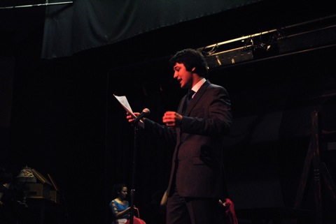 Jonathan Von Mering as radio broadcaster Larry Marrs in WHSTEs fall production, Larry Marrs and His Radio All-Stars vs. War of the Worlds. (Credit: David Ryan/WSPN)