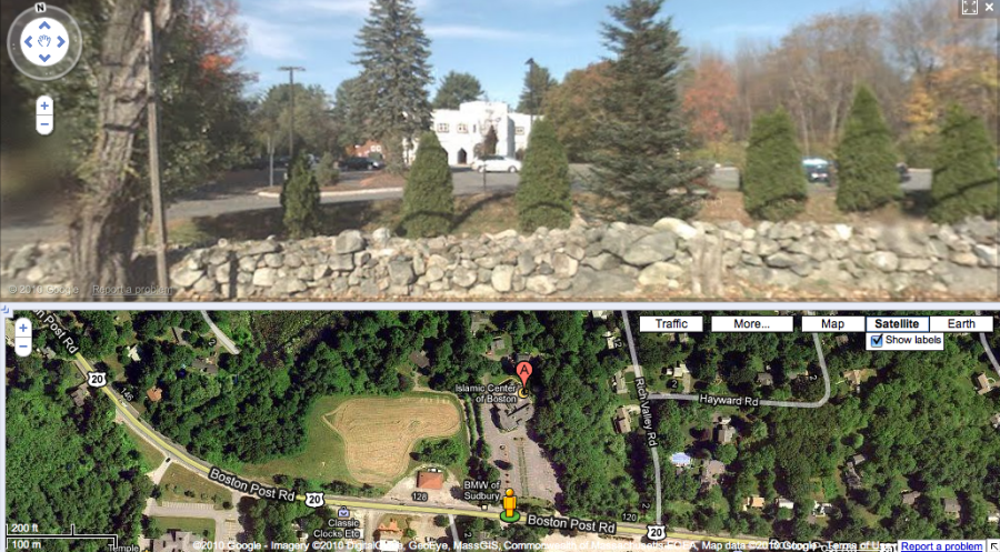 Google StreetView and Satellite view of the Islamic Center of Boston. (Screenshot: Google Maps)