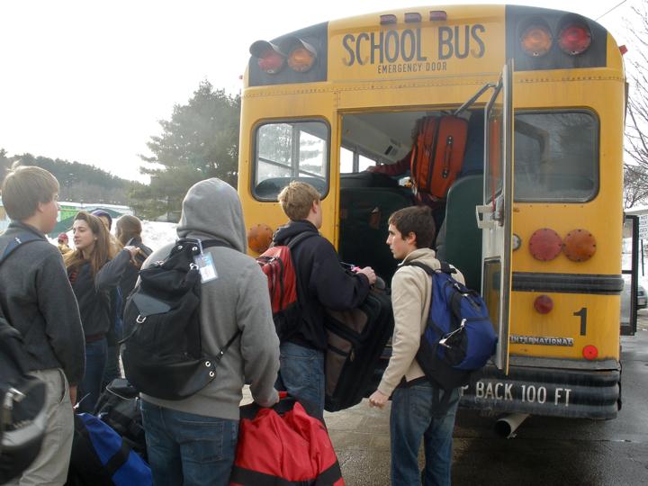 Spanish exchange students waiting to board the bus to leave for Logan Airport on Saturday. (Courtesy of Sarah Hubbell)