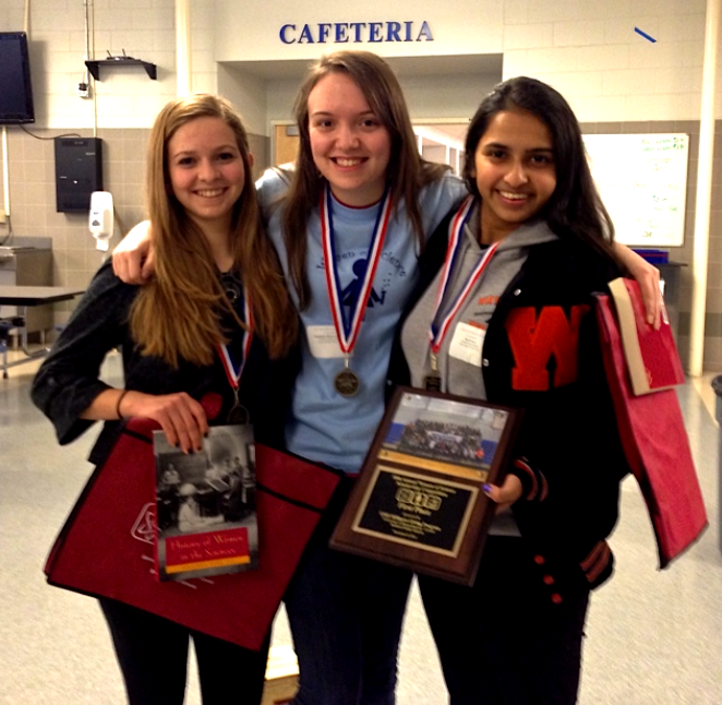 WHS seniors Caroline Ayanian, Samantha Briasco-Stewart and Kruti Vora (pictured above, left to right) won the tenth annual Women of Science competition at Bedford High School.