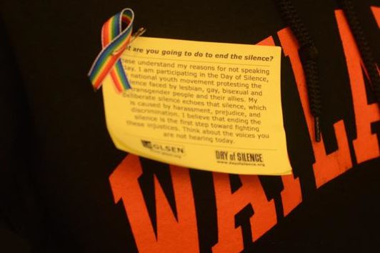 Pictured above is the badge that participants in the Day of Silence wore in 2015. The Gay Straight Alliances Day of Silence was to raise awareness for the often silenced LGBTQ community.