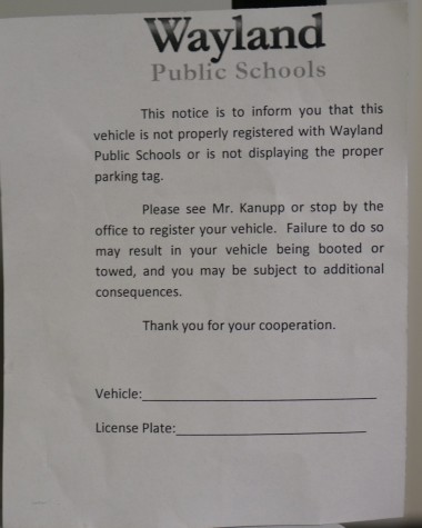 Pictured above is the notice Kanupp has been posting on cars to remind students to register for a parking space. 