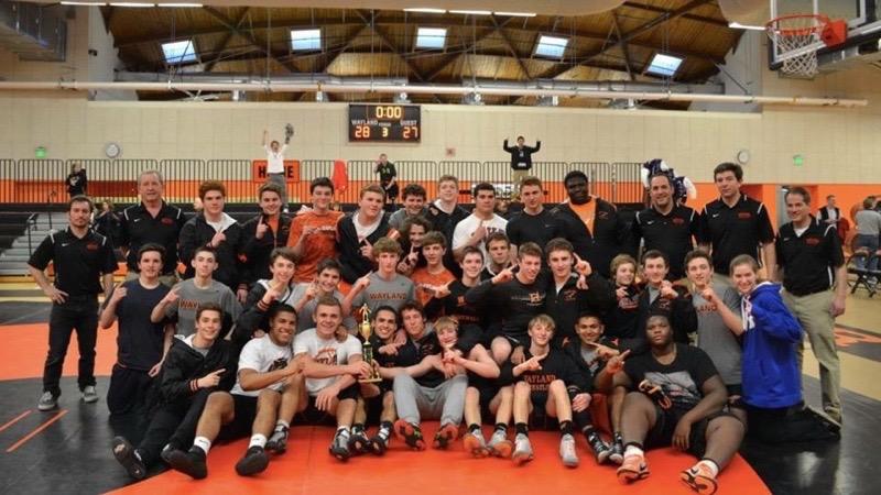 Pictured above is the Wayland High School wrestling team after their victory over Norton in the 2015-2016 Division 3 State Dual Meet final.