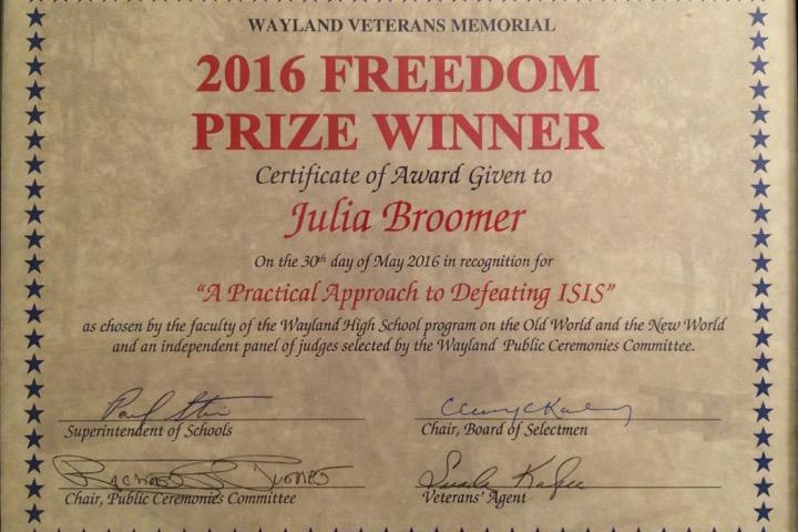 Above is the certificate that Julia Broomer was awarded. She was given the certificate for winning 1st place in the Freedom Prize Essay contest. “The Freedom Prize paper is unique in that it gives students the opportunity to express their own opinions on important historical and current issues,” Broomer said.
