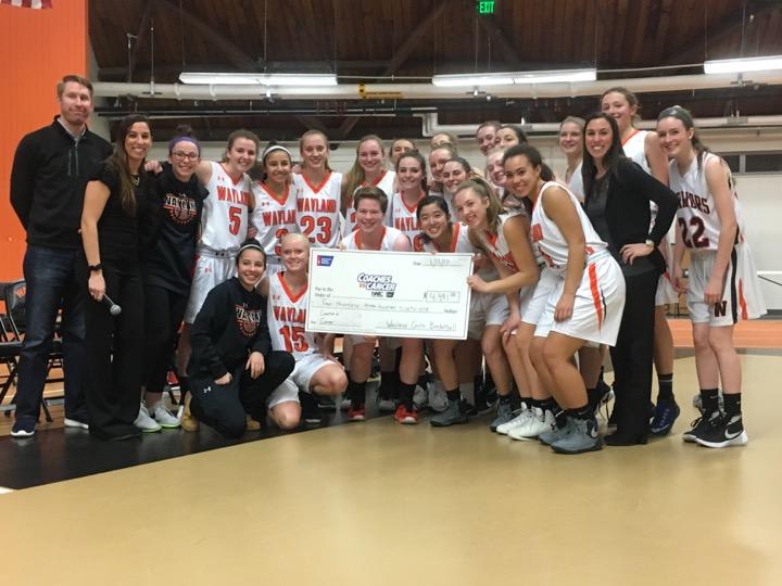 WHS Girls Basketball team presents a check of $4,391 to the American Cancer Society. “We sell t-shirts for 10 dollars to raise money for the Coaches vs. Cancer program, and all of the money goes to the American Cancer Society,” Cosenza said.