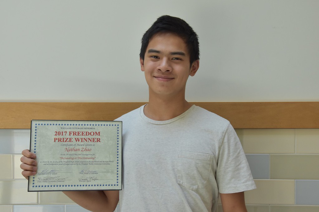  Last May, sophomore Nathan Zhao won the Freedom Prize, an award that is given to a Wayland High School student for writing the best essay on a topic related to freedom. “My essay was about voter ID laws, and I wanted to prove that voter ID laws affected the election and changed the outcome,” Zhao said.
