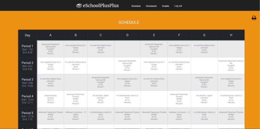 Pictured above is a student grid schedule in eSchoolPlusPlus, the main feature of the website for most students.