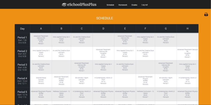 A student schedule as viewed on eSchoolPlusPlus. The grid schedule was the primary feature that attracted students to the program.