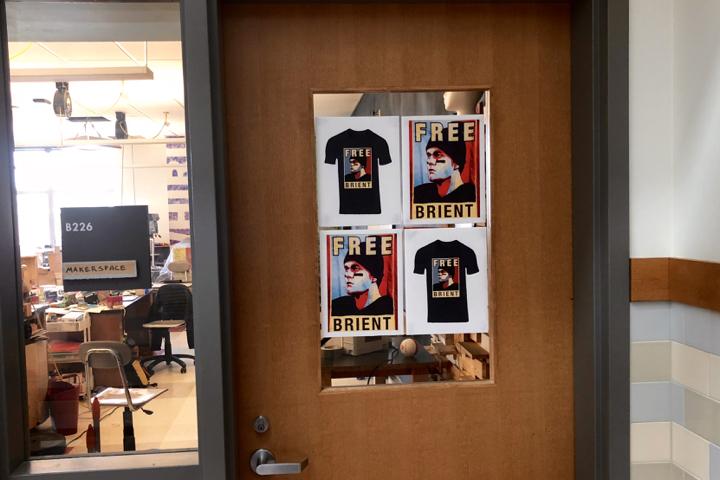 Pictured above is social studies teacher Jay Moody's classroom door. The signs were added the week after eSchoolPlusPlus was blocked on school servers and have been on the door ever since. The "Free Brient" signs are modeled after "Free Brady" signs that trended on social media after New England Patriots quarterback Tom Brady's "deflategate" four-game suspension from the NFL last season.   