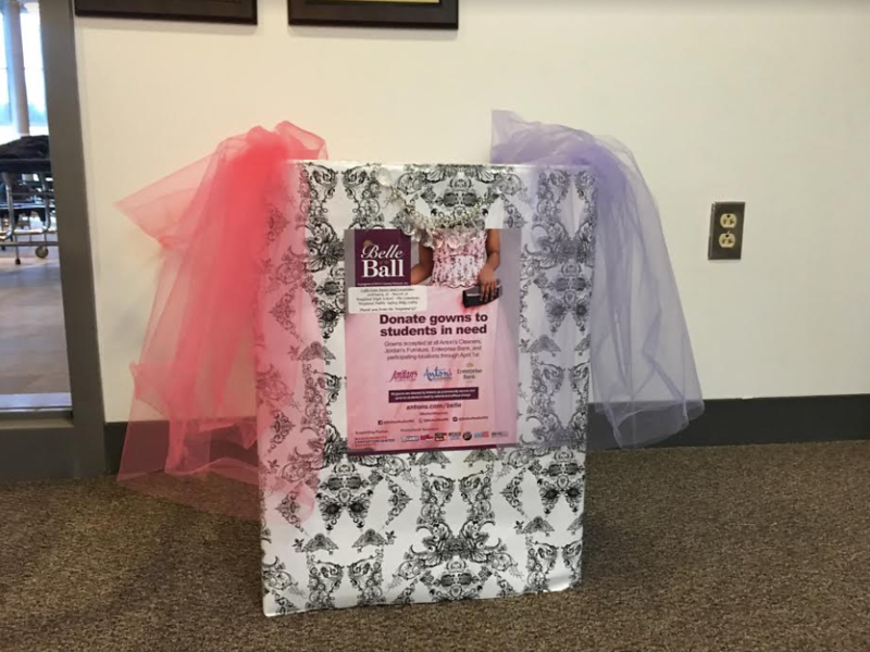 The Belle of the Ball donation box in the main office. Freshman and girl scout Kirsten Bestavros is organizing the fundraiser for WHS. “To a lot of girls, prom is [important], so you can go [to the Boutique], and have a nice dress to wear. It’s a big deal,” Bestavros said.  