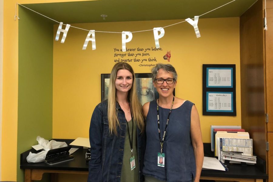 Coworkers Nicole Stetson (left) and Naomi Rosenthal (right) smile for a photo in the LRT room. Rosenthal, who has taught students for 32 years, is retiring at the end of the school year.
