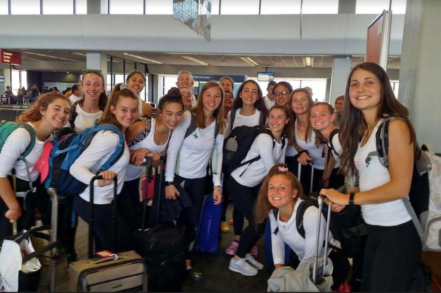 The Wayland-Weston varsity girls pose in San Francisco International Airport after arriving in California