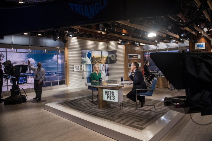 Free spirits watch on set as television journalist Chuck Todd interviews Counselor to the President Kellyanne Conway on his weekly show, Meet the Press. Todd pressed Conway on the forced separation of immigrant children from their families at the US-Mexico border. 