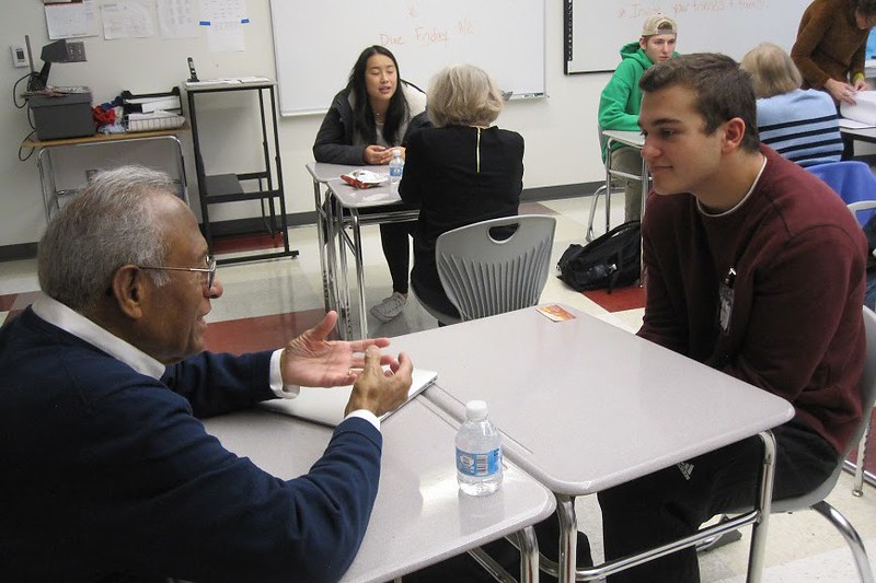 A Sage speaks with Seeker Jake Sachs. Connects Sages and Seekers program aims to bring together students and local seniors through stories and interaction. “[The students] are starting to think of themselves as part of something bigger,” Connect tri-leader Ed DeHoratius said.