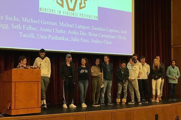 Senior leaders in WHS's MVP (Mentors in Violence Prevention) club line up to introduce themselves before presenting. The MVP club gave a presentation to the Class of 2020 on Monday. “I joined MVP because I liked the message of the club, [and] I thought it would be very helpful to help educate some of the juniors and [other] kids [who were] coming up through Wayland schools,” senior Jake Sachs said.