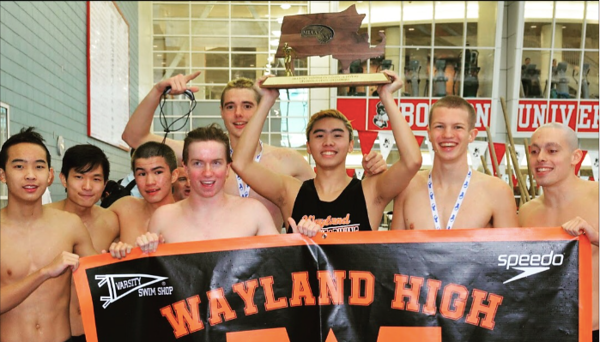Senior Edmond Giang holds up the Division 3 Massachusetts State Championship trophy with his teammates after winning the title. Giang began swimming at a . young age and has led the Warriors to success for the past three years. Not giving it your all is unacceptable. When you’re on that block, you just have to get locked in, Giang said.