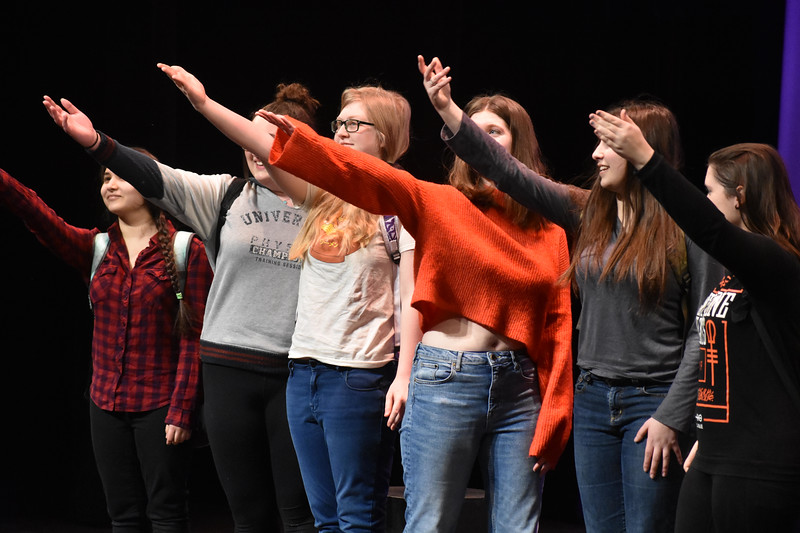 Cast members bow to the crowd as a show concludes. Members of WHSTE performed Out Loud, a short, single-act play to a group of students and teachers in the auditorium on Monday. “The message of the show was that if you have something, just say it out loud; don’t keep it held up within you,” sophomore Katherine Dean said.