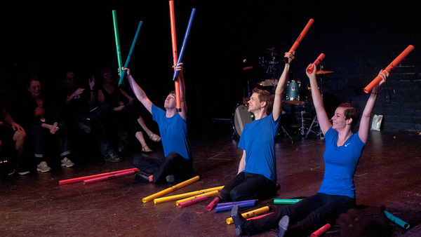 The Fourth Wall Ensemble plays boomwhackers during a performance of their Fruit Flies like a Banana program. The ensemble performed this hybrid show to WHS students on Thursday. “[The] show is all about the nostalgia of childhood, something you don’t have yet, performer Hilary Abigana said.