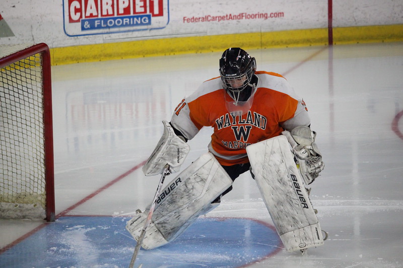 Boys varsity hockey captain Ryan Nolan defends the net during the North Finals. Theres always people that are doubters that say we can’t do it, Nolan said. I like proving them wrong.  Nolan and the team are motivated by playoff aspirations.