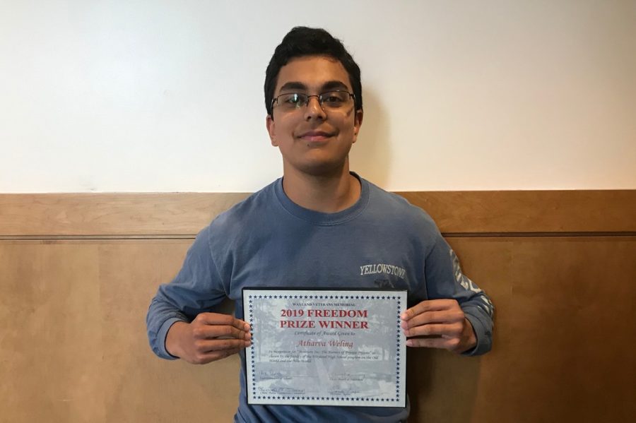 Sophomore Atharva Weling is named the winner of the 14th annual Freedom Prize Essay Contest. Along with a framed certificate, Weling was rewarded with a $500 check which he plans to use as a jumpstart to his summer job search.