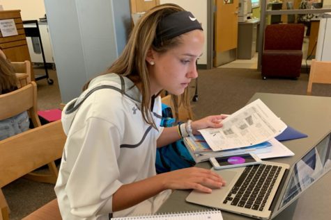 Senior Arden Knapp pores over her notes and studies. Stress and anxiety are issues that many WHS students have come across. Guest writer Ryan Urato and Editor-in-Chief Kevin Wang give their takes on stress culture.