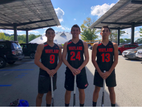 Seniors Ethan Betancourt, Aiden Chitkara and Zeke Betancourt sport their field hockey uniforms. The boys are on the WHS varsity field hockey team, which is historically female-dominated.