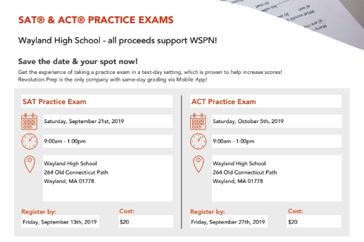 WSPN will hold practice SAT and ACT tests on Sept. 21 and Oct. 5, respectively.