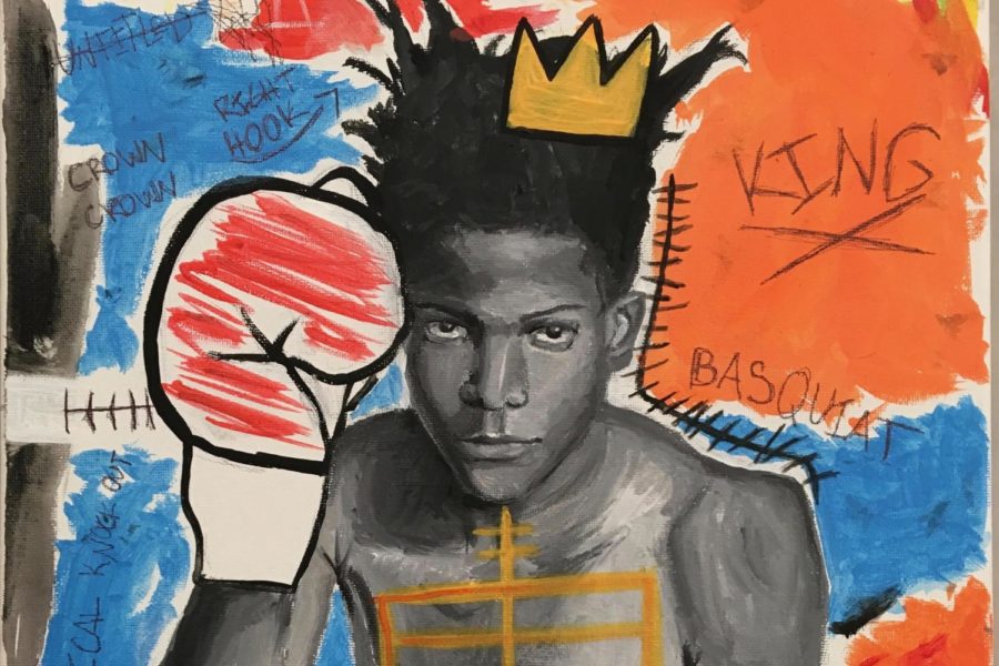 Pictured above is Deanes piece Tribute to Basquiat. It combines elements of Basquiats abstract style with Deanes more realistic portraiture. 