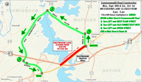 Construction on Route 27 has drawn mixed reactions from Wayland students and residents alike. The image above displays in red the area that is under construction, and in green the detour for the route. "The limits of work are really, in essence, are what we call five tabs which is that intersection of Old Connecticut Path and Cochituate Rd., and then we're heading south to School St.," Thomas Holder, Wayland Department of Public Works (DPW) Director, said.