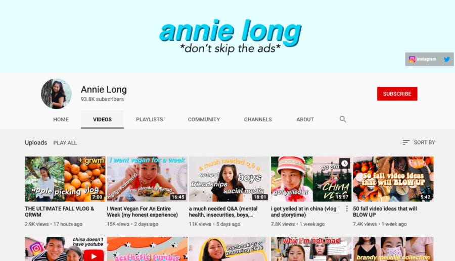 Pictured above is Long’s channel. WMS eighth grader Annie Long is a lifestyle / commentary YouTuber and has amassed over 93,000 subscribers. “Every single day, I figure out a new thing about business, or how to edit,” Long said. “[Since I started so] young, I feel like my knowledge [about] YouTube is so much larger [now], and it just keeps on growing.”