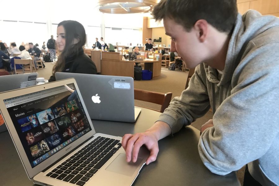 Junior Luke Tacelli scrolls through the Disney+ page in the media center. “If I got Disney+, I would be excited to watch the old shows and movies that remind me of my childhood,” Tacelli said. “I liked all the Marvel movies, The Simpsons, Pirates of the Caribbean, and also Tron and Big Hero Six.”
