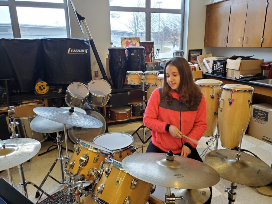 Sophomore+Lilli+Tobe+practices+in+the+band+room+at+WHS.+Tobe+has+been+playing+percussion+instruments+since+5th+grade+and+now+plays+in+multiple+musical+groups%2C+as+well+as+doing+gigs+on+the+side.+Music+is+kind+of+an+escape+from+stress+and+school%2C+Tobe+said.+And+its+something+that+I+find+really+fun+to+do%2C+so+I+just+keep+playing.+
