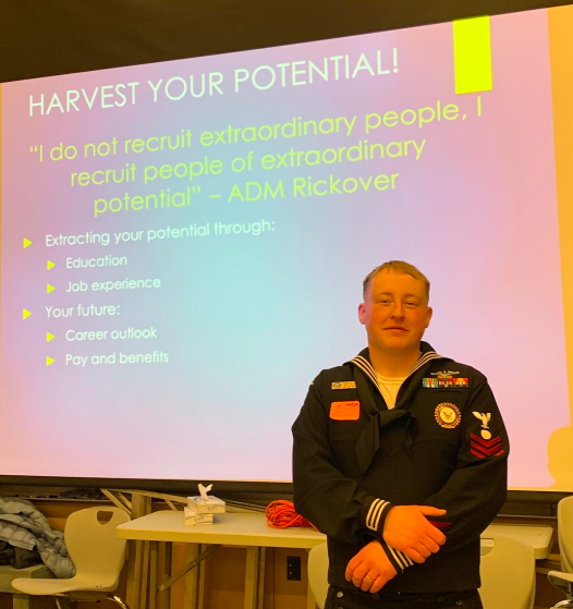 Navy electrician Marcus Harrold presents to WHS about using nuclear power in the Navy. The U.S. Navy mainly uses nuclear power as its energy source. “I have been in the Navy for a little over eight years,” Harrold said. “My main job is a technician on board where I primarily work with nuclear power.”