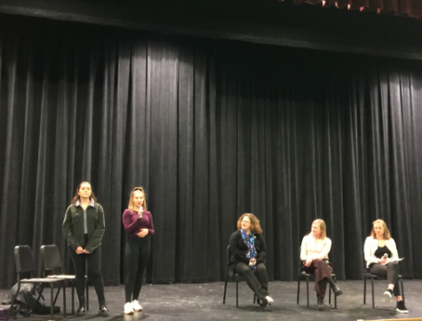 Juniors Maya Baranovsky and Zoe Sodickson present the members of the Winter Week women's empowerment panel. The panel was one of two events organized by Baranovsky and Sodickson to commemorate the 100th anniversary of the passage of the 19th Amendment.