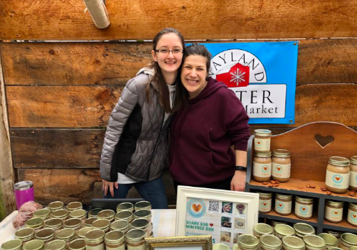 Vendor Beckah Restivo sells homemade, vegan, paleo, Whole30 compliant, keto compliant and gluten-free almond butter at Russells farmers market in Wayland. She has been coming to the Russells winter market for three years and looks forward to upcoming years. “It is just a passion of mine to eat healthily and be healthy, and this is a very healthy alternative to peanut butter, Restivo said. 