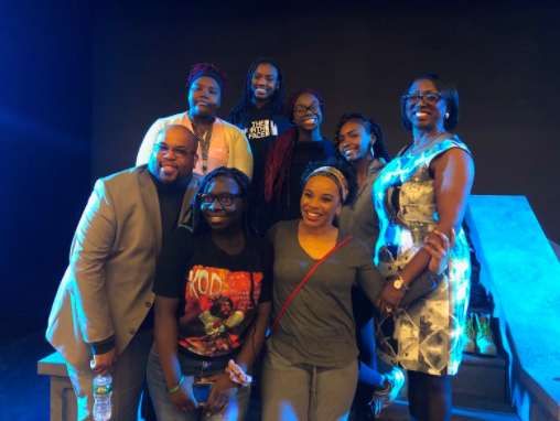 Former METCO director Mabel Reid-Wallace poses with METCO coordinator Mark Liddell, METCO students, and actress Debra Walton following Walton's performance of "Mr. Joy." Reid-Wallace filed a complaint against the Wayland school district this past February.