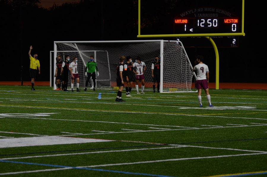 Wayland sets up for a Weston corner kick in the second quarter of the game. Weston had little scoring chances due to Waylands strong defense.