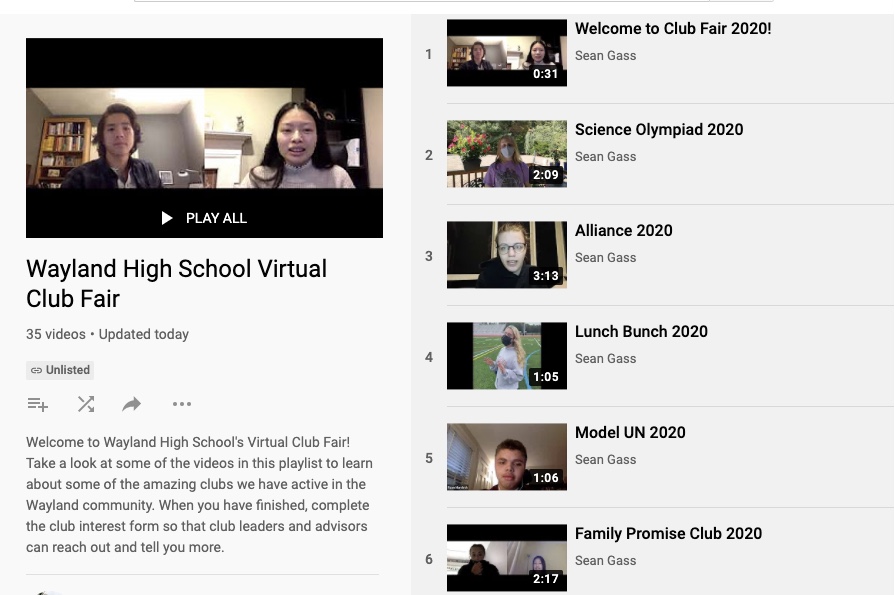 Pictured above is the WHS virtual club fair. The virtual club fair consists of a collection of videos made by club leaders and advisors introducing each club at WHS.