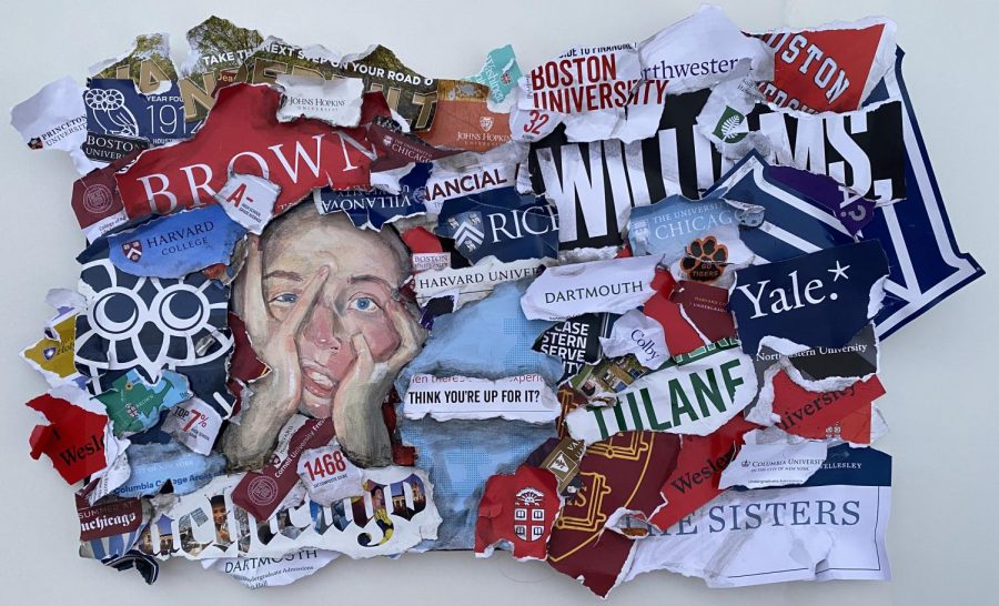 “Think You’re Up for it? by Katherine Deane, is a collage of college pamphlets. “At the beginning of my college application process, I felt like I was drowning—buried alive by stress, anxiety and the expectations of those around me,” Deane said. “I collaged all the college pamphlets I received in the mail to portray the overwhelming chaos surrounding me at the time, and I played with facial distortion to convey intense emotion. I hope this piece connects to other students who feel or felt the same way, and this lets them know they are not alone.”