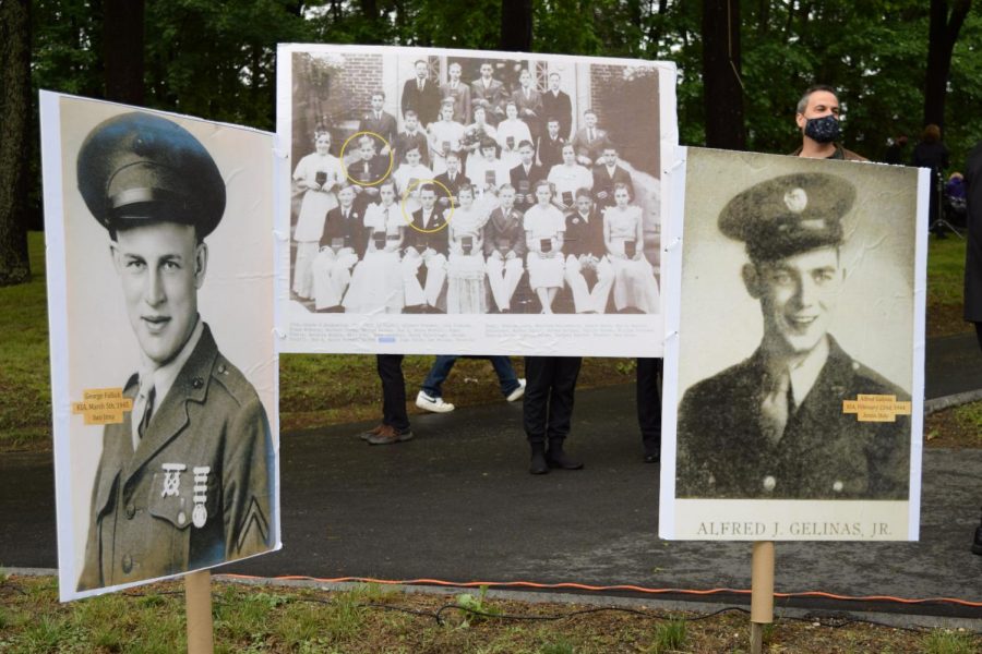 Displayed are the three photographs that inspired Kevin Delaney's Memorial Day Key Note Address. Center is the photograph of the 1936 Cochituate School's 8th grade class, of which Alfred Galinas and George Fullick were members. Both were killed in action during World War Two. 