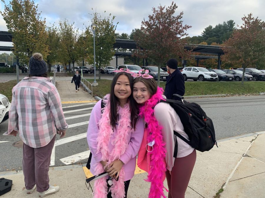 Seniors Isabella Donovan and Cassidy Slater dress up as flamingos. They found their inspiration from Pinterest.