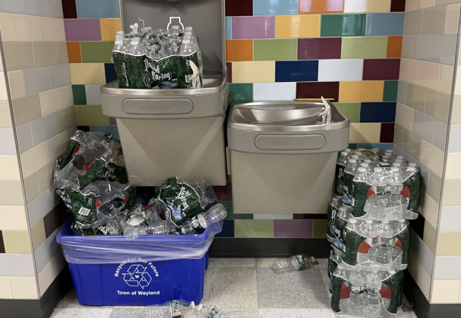 Due to the abnormally high amount of PFAS in Wayland’s water, students are unable to use the normal water fountains at school. As a result, piles of the water bottles overflow from the recycling bins outside of Wayland High School’s fitness room, causing some students and staff to feel concerned about the amount of single-use plastic being used. “If we could all just be personally responsible for the number of single-use water bottles we’re using, I think that would help enormously,” Wayland High School Principal Allyson Mizoguchi said. “Every person matters in this situation, just like with every environmental issue.”