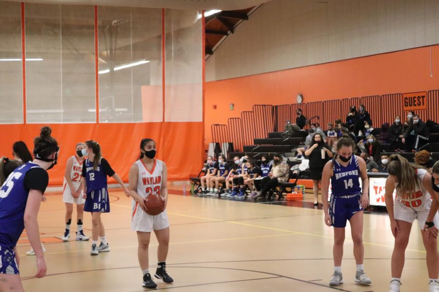 Senior+Anjali+Patel+prepares+to+shoot+a+free+throw.+The+entire+game+was+full+of+fouls%2C+leading+to+many+opportunities.+In+the+end%2C+Wayland+lost+41-28+against+Bedford.