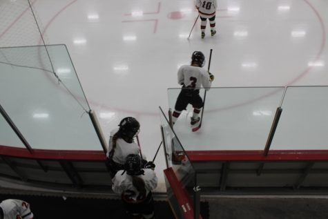 The Wayland-Weston girls varsity hockey team skates back onto the rink at the start of the third period.