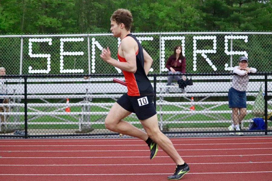 Senior Lucas Thompson competes in the 800 meter relay. Thompson was the anchor, meaning he was the last in his relay group to run. The relay consisted of sophomore Daniel Narvaez, freshmen Adrian Narvaez and Nathan Tobe, and finally, Thompson.