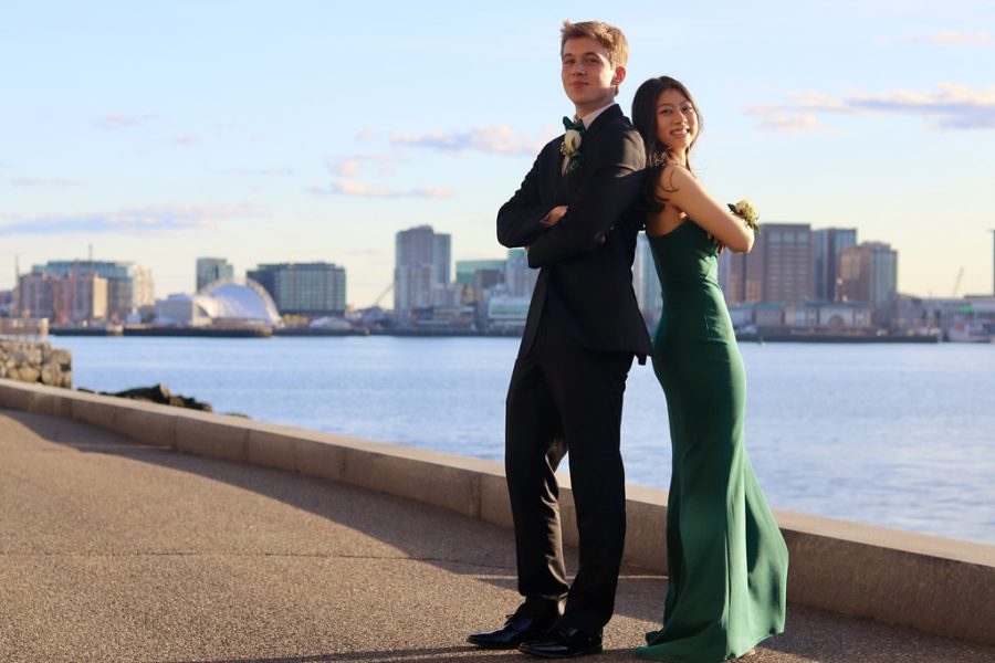 Seniors Misha Boyko and Emily Chau pose for photo in front of the harbor. After attending prom, Chau reviewed the food. Salad was an eight out of 10, I just dont really like cheese in my salad, Chau said. The dinner was [middle] at best, six [out of 10]. The dessert was pretty good, so Id give it an eight [out of 10], but to dance right after it, it was too heavy.